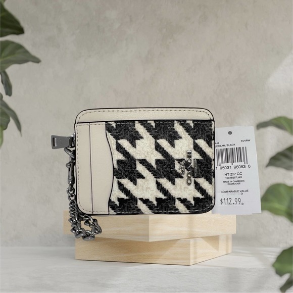 Coach Handbags - Coach Zip Card Case With Houndstooth Print in Silver/Cream/Black